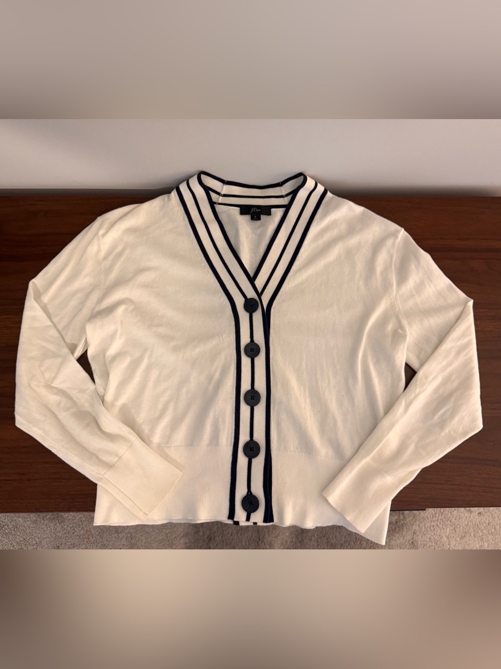 J.Crew Ivory Tipped V-Neck Cardigan Sweater Small Navy Stripe Trim Cotton Blend